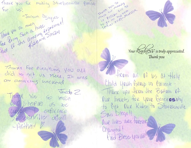 Thank you card from holy child youth group