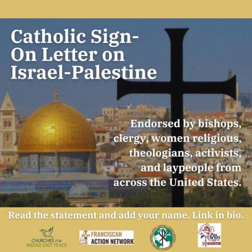 Cross with text that reads Catholic Sign-On Letter on Israel Palestine
