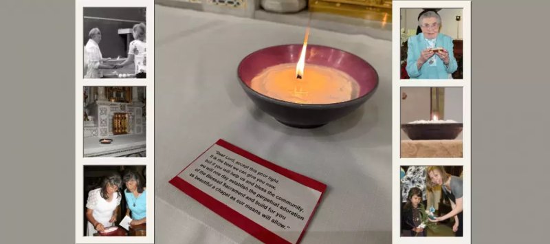 a lit lard light and prayer is surrounded by historical photos of sisters with lard lights