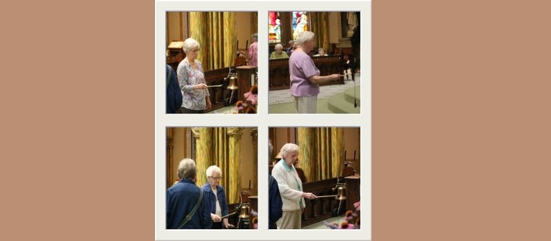 four women ring the ceremonial bell celebrating FSPA's perpetual adoration milestone