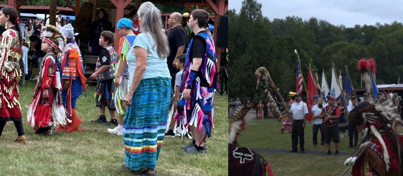 Sister Roselyn Heil dances during an intertribal dance at powwow and members of Bad River Band present the flags.