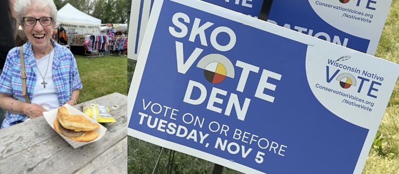 sister georgia christensen with frybread hamburger and signs encouraging people to vote on Nov. 5