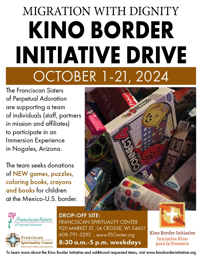 Poster detailing the toy drive to support the Kino Border Initiative immersion group