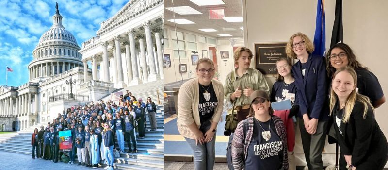 Left: Sister Julia with a group outside in Washington, D.C. Right: Sister Julia with group visiting Senator Ron Johnson