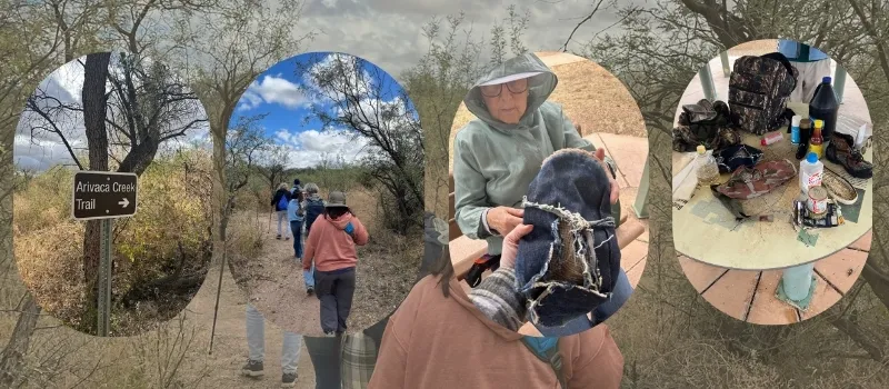 photo collage includes a sign pointing to Arivaca Creek Trail, four women hiking the trail; a woman looking at a carpet shoe and items from migrant backpacks