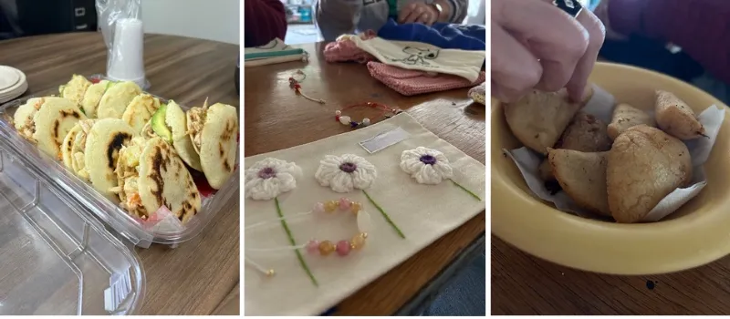 first image is Venezuelan sandwiches, second image is a crochet bag and bracelet; third image is Venezuelan empanadas