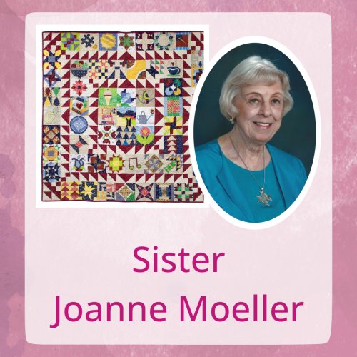 oval-portrait-of-franciscan-sister-of-perpetual-adoration-joanne-moeller-with-colorful-quilt-photo-against-light-pink-background