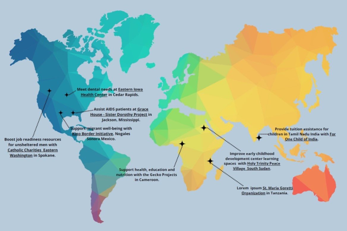 world map graphic with fspa ministry grant locations identified