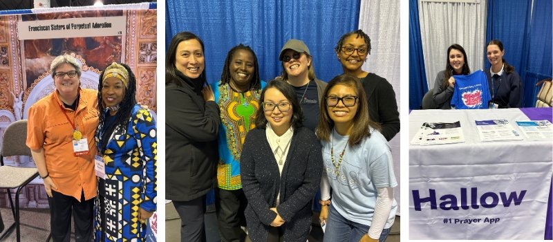 sister laura nettles with vallimar jansen; sister julia walsh with catholic sisters from Giving Voice; hallow app staff members pose with a messy jesus business t-shirt