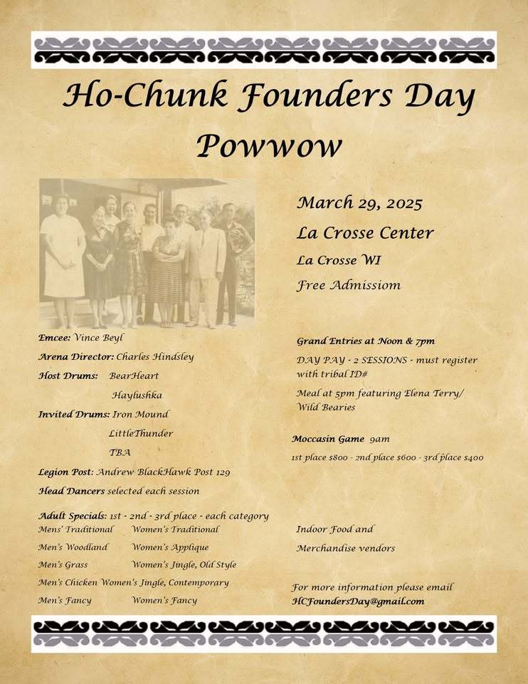 Ho-Chunk Founders Day Powwow flyer with info for March 29 event and photo of Ho-Chunk Nation members