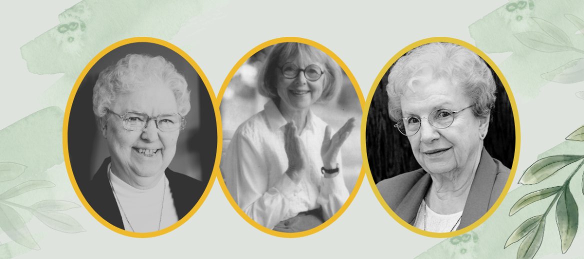 Three older women are shown in individual oval frames, all smiling. The background is pale green with leaf illustrations. The photos are black-and-white, with the middle woman clapping and the others facing the camera.